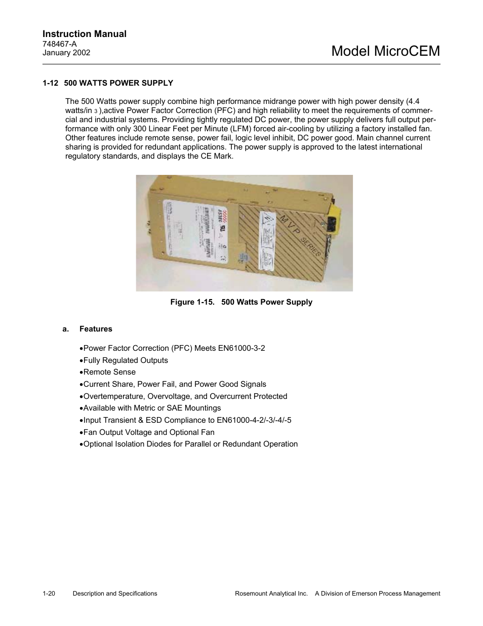 12 500 watts power supply, A. features, 15 500 watts power supply | 500 watts power supply -20 a. features -20, Figure 1-15. 500 watts power supply -20, Model microcem | Emerson MicroCEM User Manual | Page 34 / 98