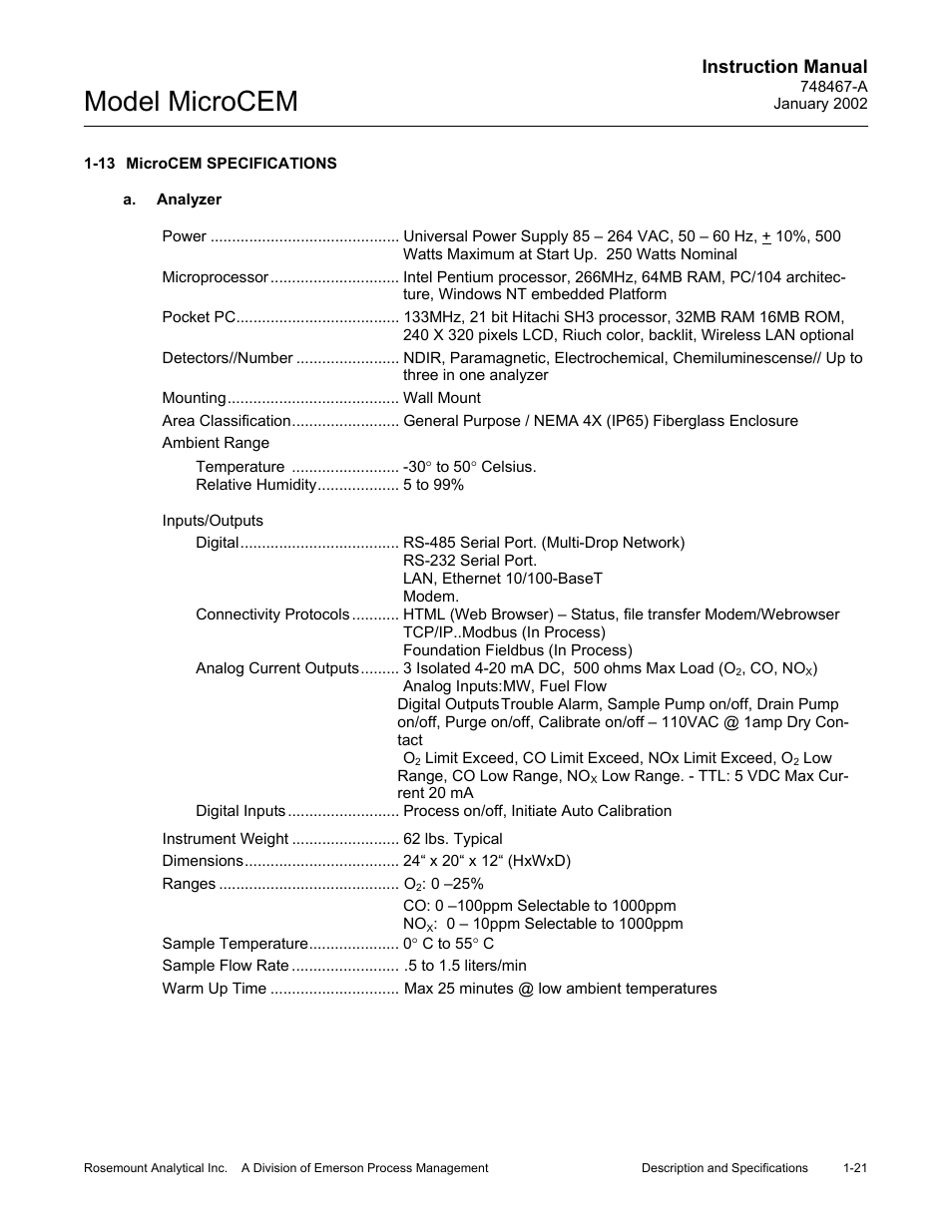 13 microcem specifications, A. analyzer, Microcem specifications -21 a. analyzer -21 | Model microcem, Instruction manual | Emerson MicroCEM User Manual | Page 35 / 98