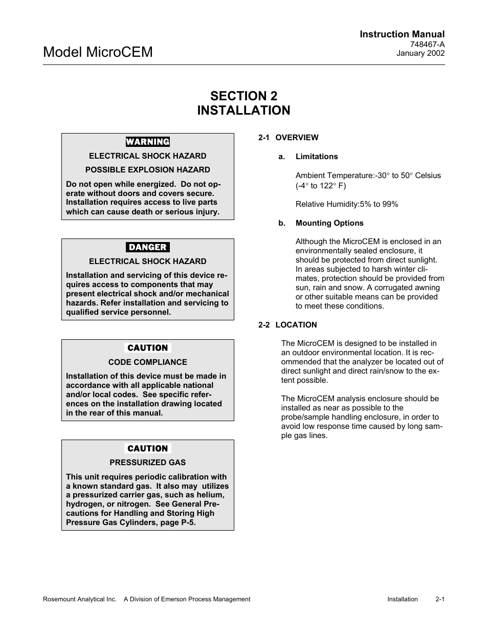 0 installation, 1 overview, A. limitations | B. mounting options, 2 location, Installation -1, Location -1, Model microcem | Emerson MicroCEM User Manual | Page 37 / 98