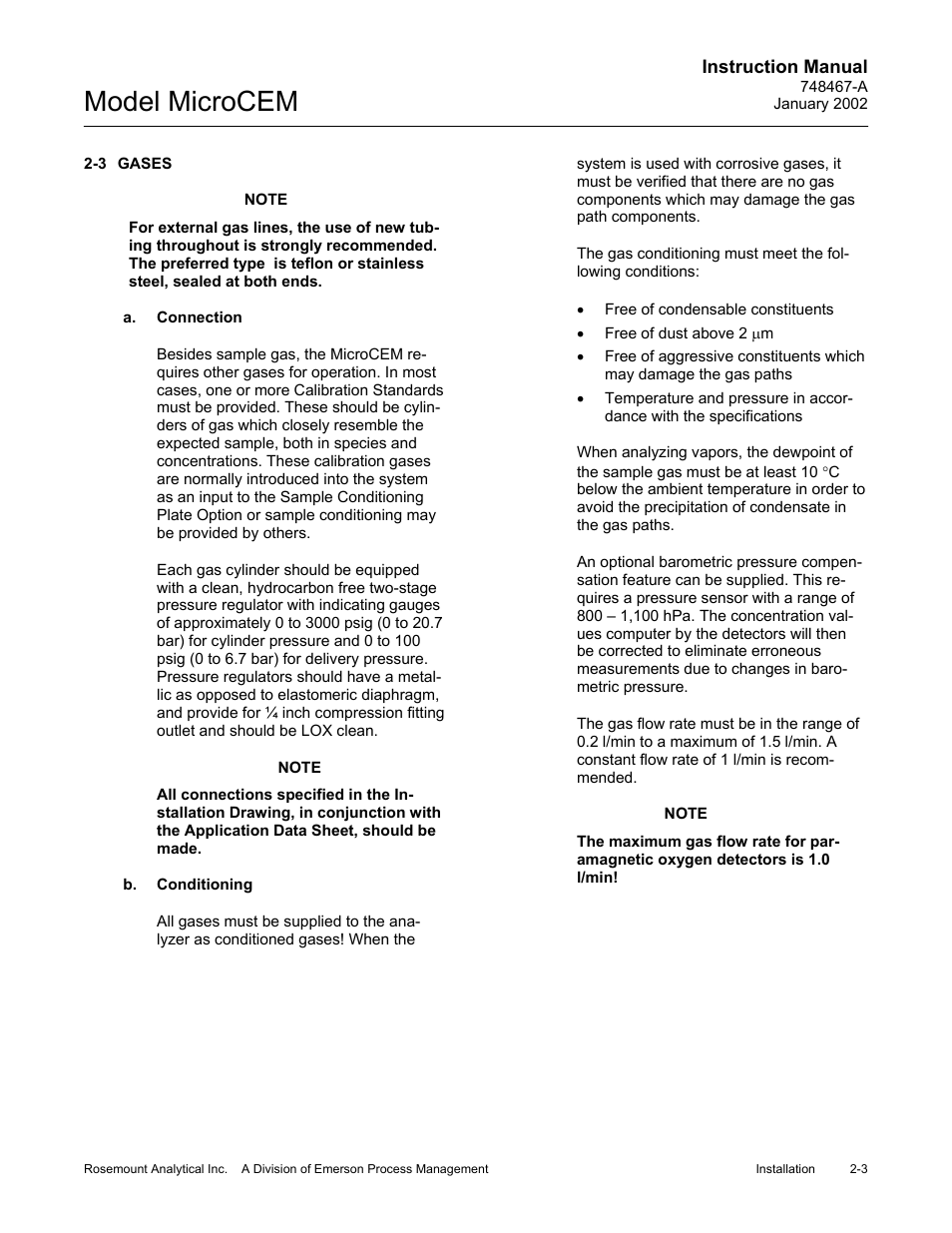 3 gases, A. connection, B. conditioning | Gases -3 a. connection -3 b. conditioning -3, Model microcem | Emerson MicroCEM User Manual | Page 39 / 98