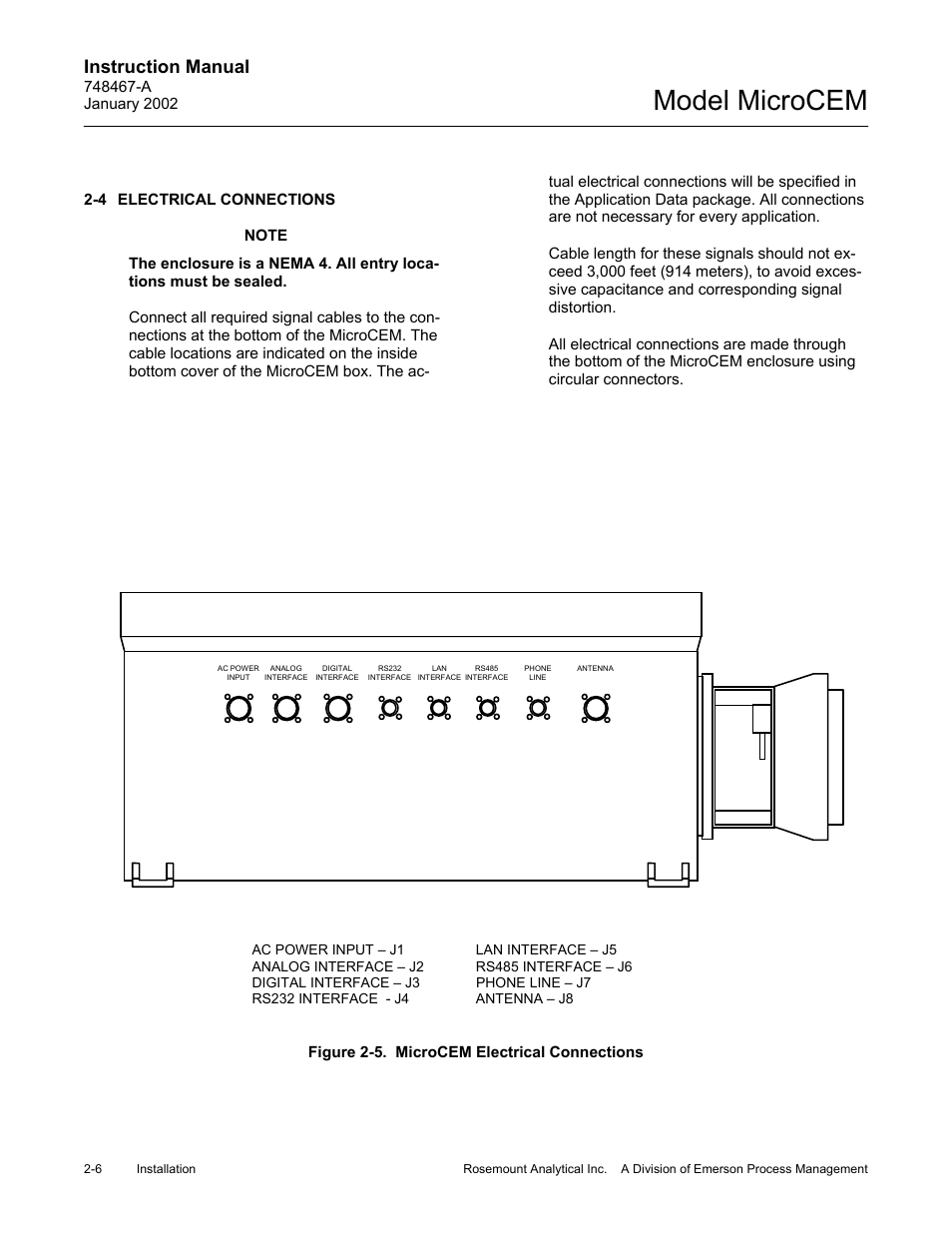 4 electrical connections, 5 microcem electrical connections, Electrical connections -6 | Figure 2-5, Microcem electrical connections -6, Model microcem, Instruction manual | Emerson MicroCEM User Manual | Page 42 / 98