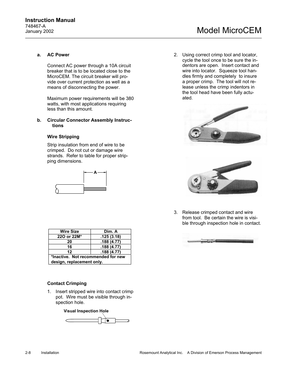 A. ac power, B. circular connector assembly instructions, Wire stripping | Contact crimping, Model microcem | Emerson MicroCEM User Manual | Page 44 / 98