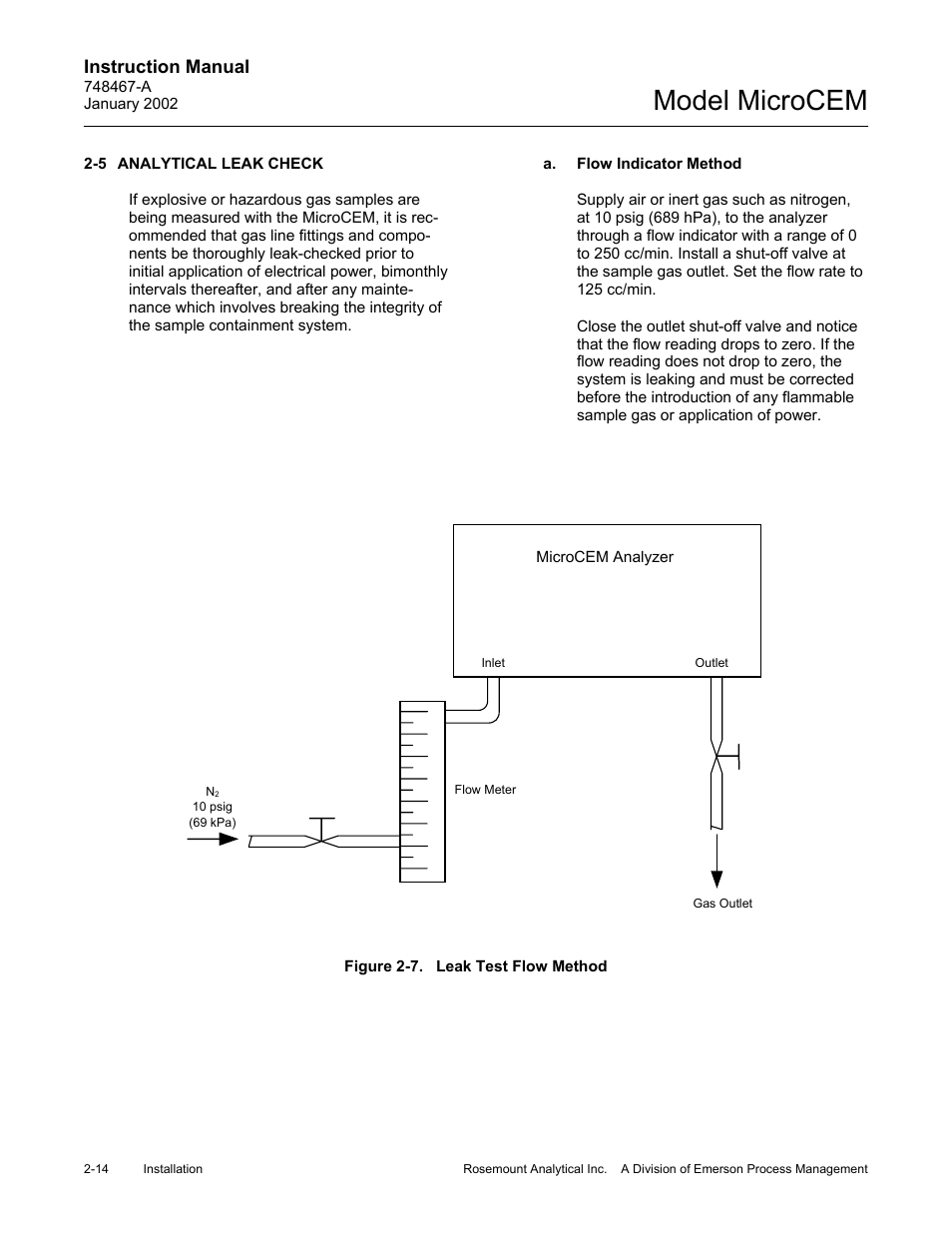 5 analytical leak check, A. flow indicator method, 7 leak test flow indicator method | Figure 2-7, Leak test flow method -14, Model microcem, Instruction manual | Emerson MicroCEM User Manual | Page 50 / 98