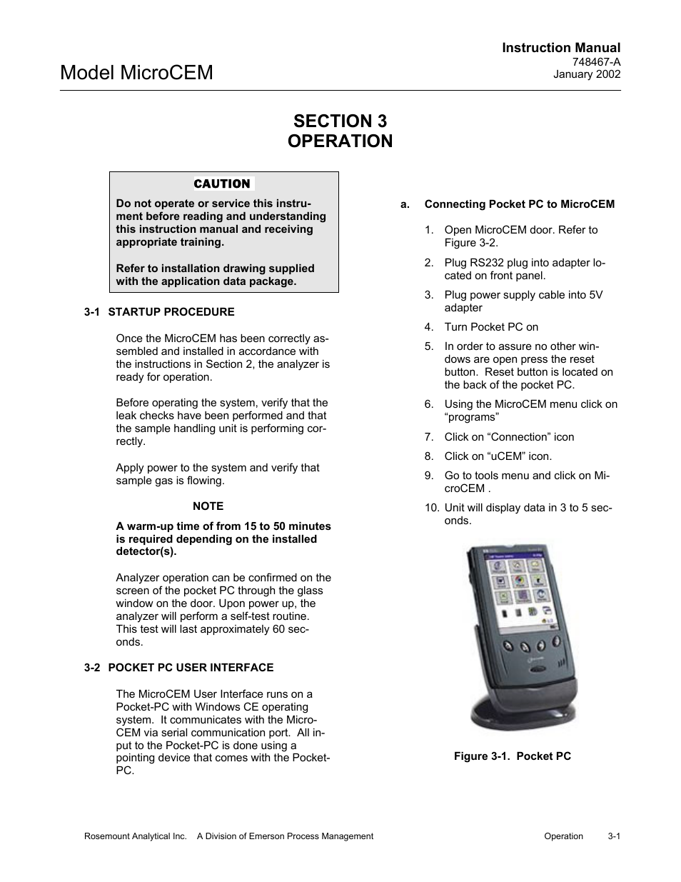 0 operation, 1 startup procedure, 2 pocket pc user interface | A. connecting pocket pc to microcem, 1 pocket pc, Operation -1, Startup procedure -1, Figure 3-1, Pocket pc -1, Model microcem | Emerson MicroCEM User Manual | Page 53 / 98