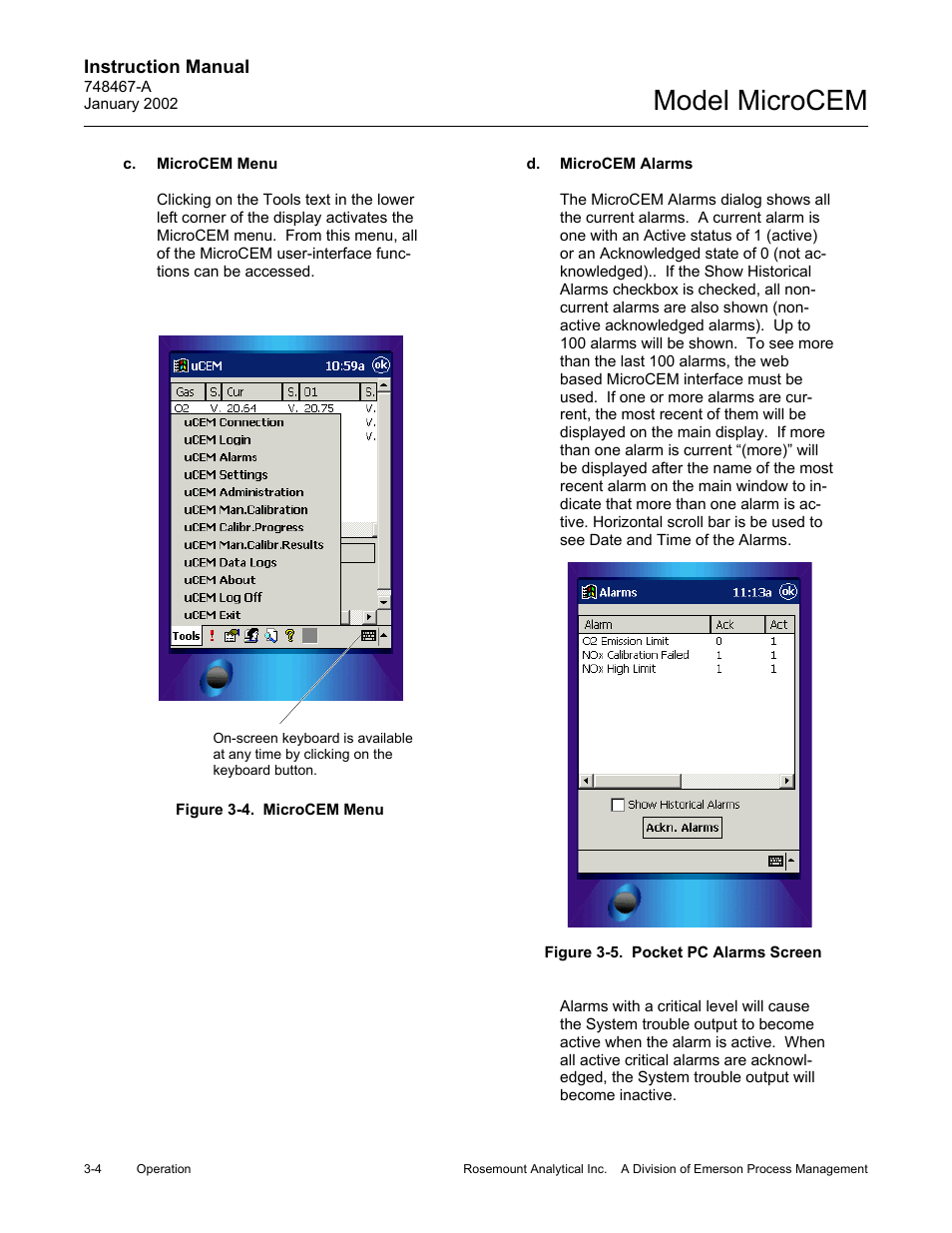 C. microcem menu, D. microcem alarms, 4 microcem menu | 5 pocket pc alarms screen, C. microcem menu -4 d. microcem alarms -4, Figure 3-4, Microcem menu -4, Figure 3-5, Pocket pc alarms screen -4, Model microcem | Emerson MicroCEM User Manual | Page 56 / 98