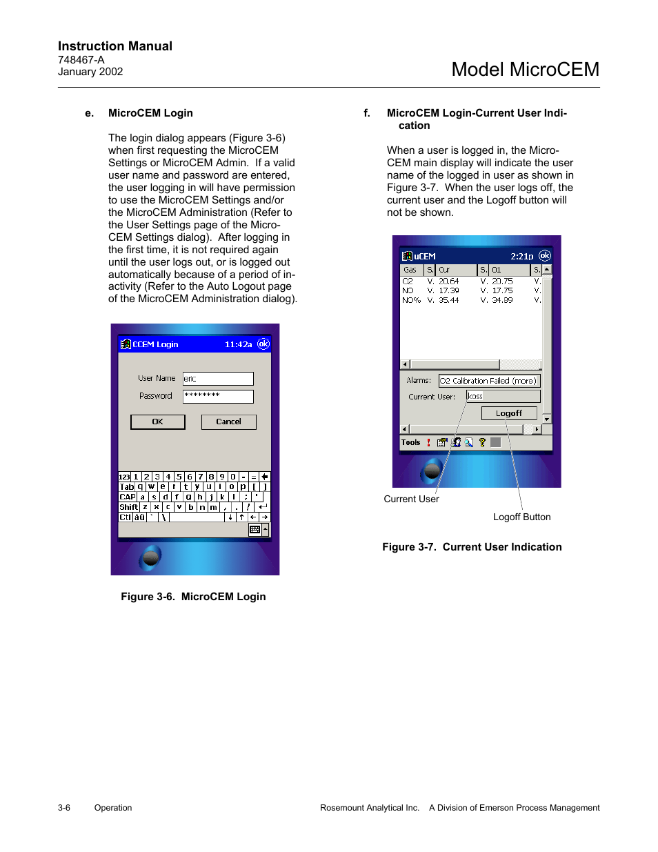 E. microcem login, F. microcem login-current user indication, 6 microcem login | 7 current user indication, E. microcem login -6 f, Microcem login-current user indication -6, Figure 3-6, Microcem login -6, Figure 3-7, Current user indication -6 | Emerson MicroCEM User Manual | Page 58 / 98