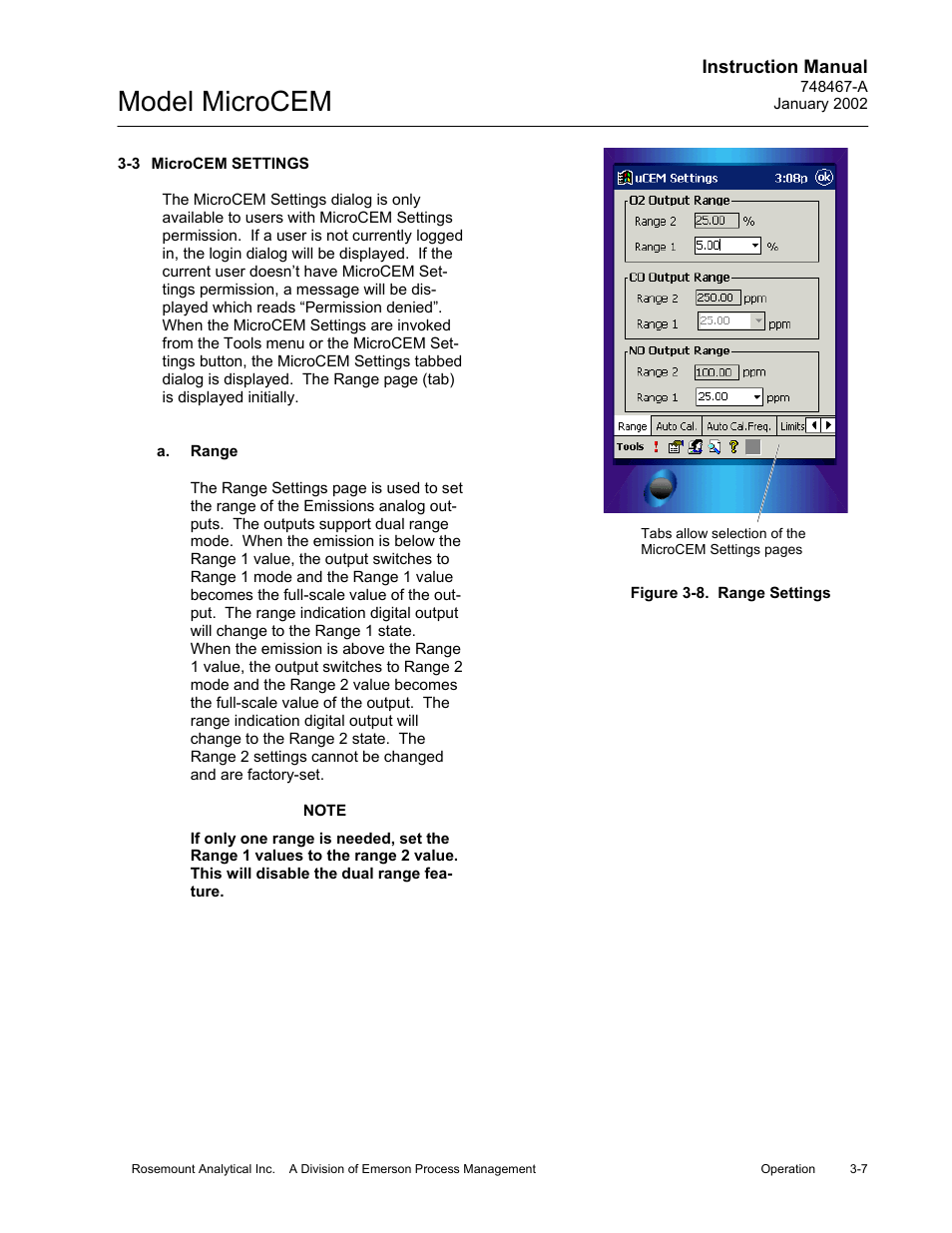 3 microcem settings, A. range, 8 range settings | Microcem settings -7 a. range -7, Figure 3-8, Range settings -7, Model microcem | Emerson MicroCEM User Manual | Page 59 / 98