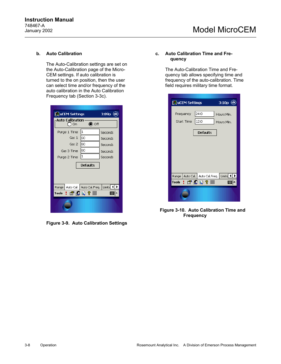 B. auto calibration, C. auto calibration time and frequency, 9 auto calibration settings | 10 auto calibration time and frequency, Figure 3-9, Auto calibration settings -8, Model microcem | Emerson MicroCEM User Manual | Page 60 / 98