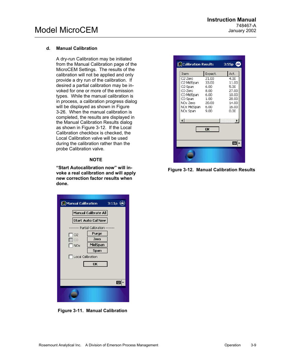 D. manual calibration, 11 manual calibration, 12 manual calibration results | D. manual calibration -9, Model microcem | Emerson MicroCEM User Manual | Page 61 / 98