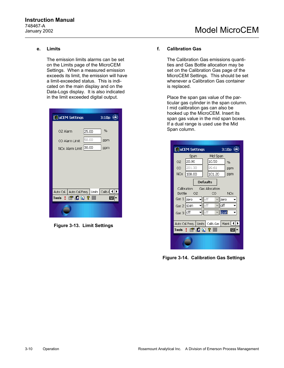 E. limits, F. calibration gas, 13 limit settings | 14 calibration gas settings, E. limits -10 f, Calibration gas -10, Model microcem | Emerson MicroCEM User Manual | Page 62 / 98