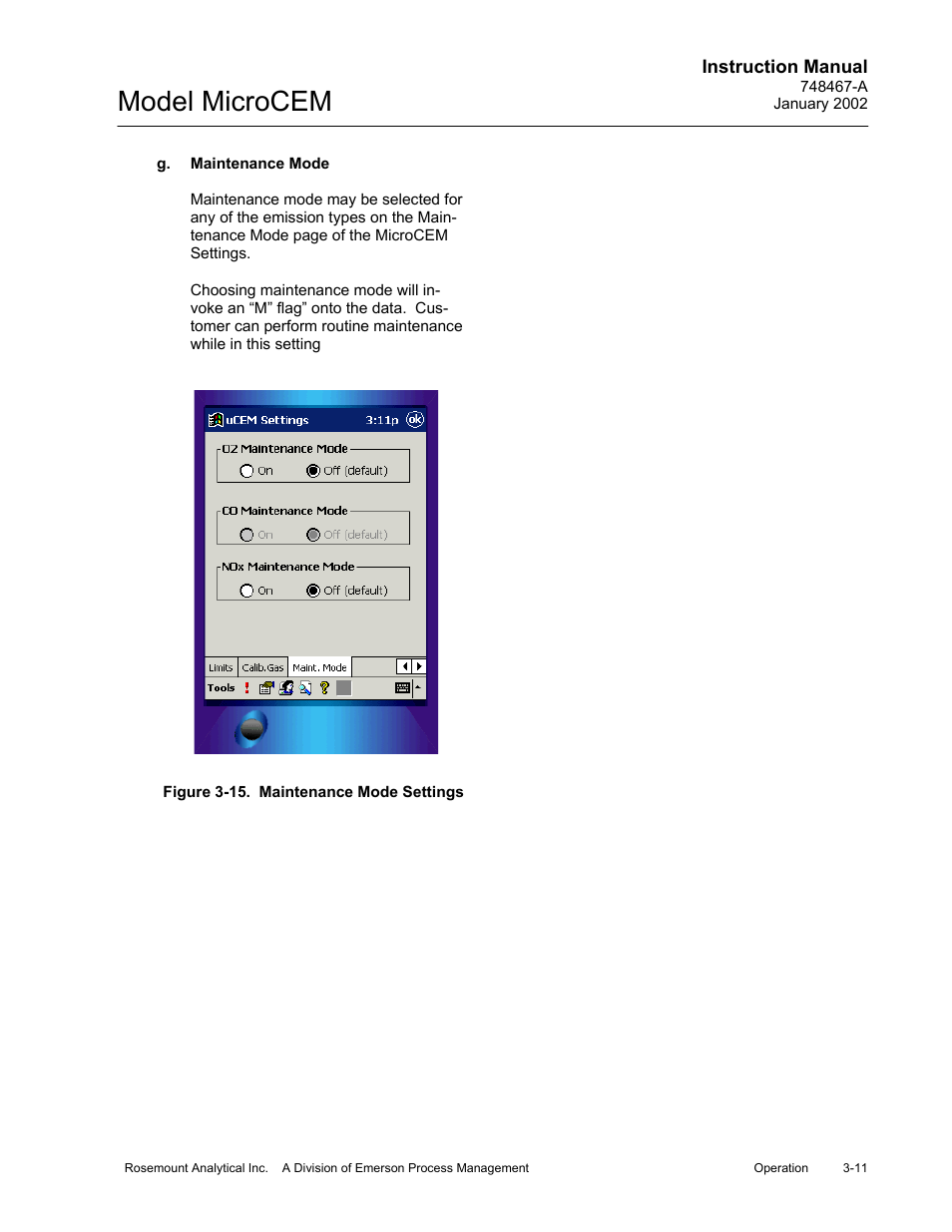 G. maintenance mode, 15 maintenance mode settings, G. maintenance mode -11 | Figure 3-15. maintenance mode settings -11, Model microcem | Emerson MicroCEM User Manual | Page 63 / 98