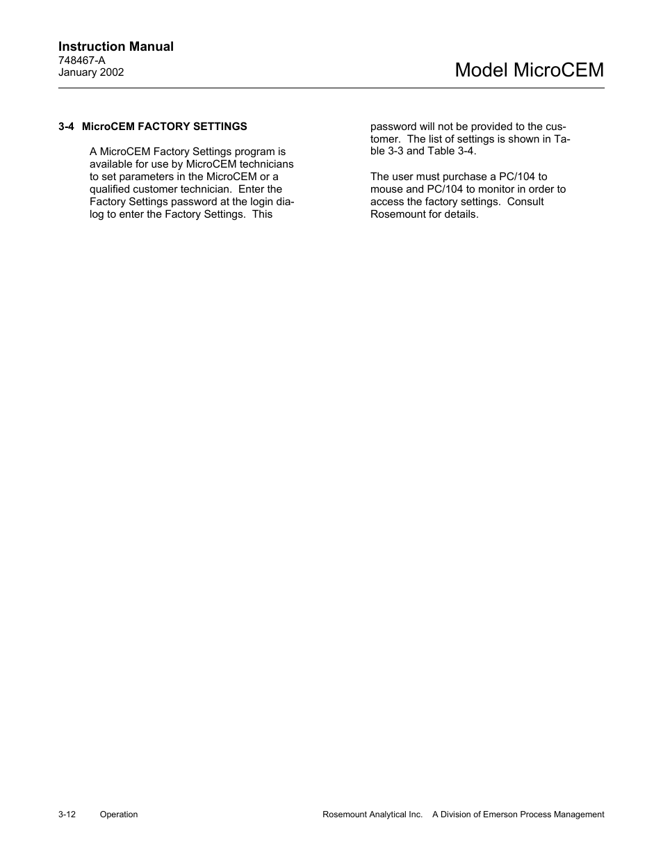 4 microcem factory settings, Microcem factory settings -12, Model microcem | Emerson MicroCEM User Manual | Page 64 / 98