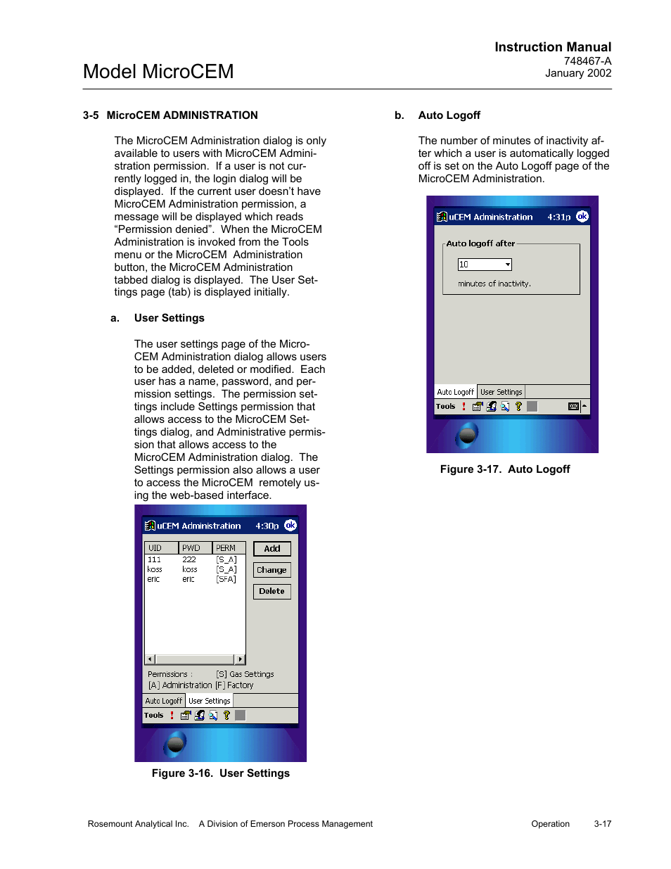 5 microcem administration, A. user settings, B. auto logoff | 16 user settings, 17 auto logoff, Model microcem | Emerson MicroCEM User Manual | Page 69 / 98