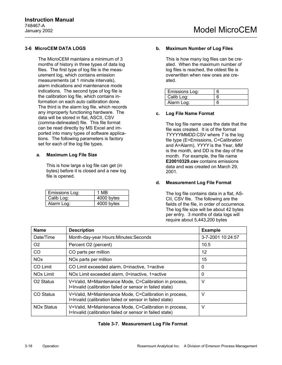 6 microcem data logs, A. maximum log file size, B. maximum number of log files | C. log file name format, D. measurement log file format, 7 measurement log file format, Table 3-7, Measurement log file format -18, Model microcem | Emerson MicroCEM User Manual | Page 70 / 98