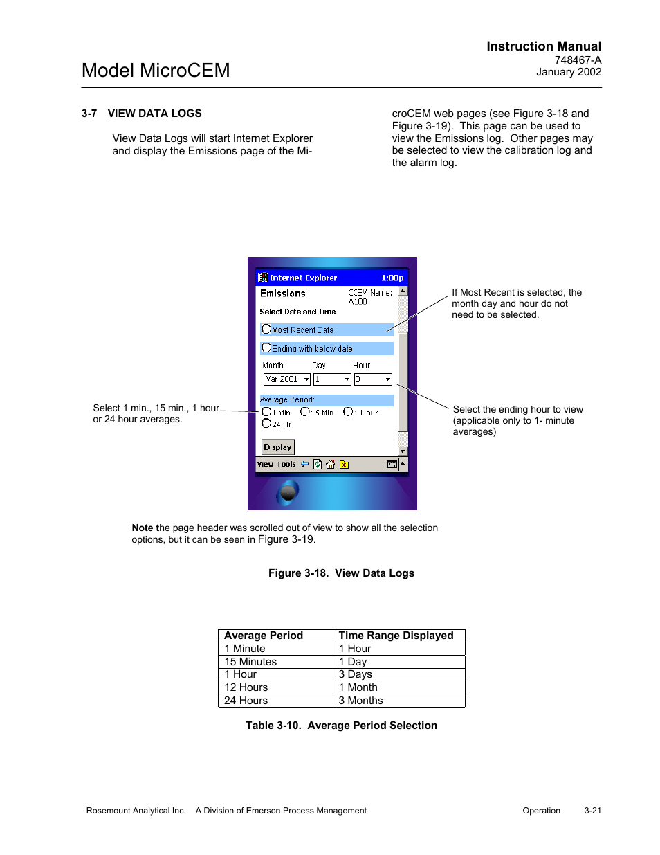 7 view data logs, 18 view data logs, 10 average period selection | View data logs -21, Figure 3-18. view data logs -21, Table 3-10, Average period selection -21, Model microcem | Emerson MicroCEM User Manual | Page 73 / 98