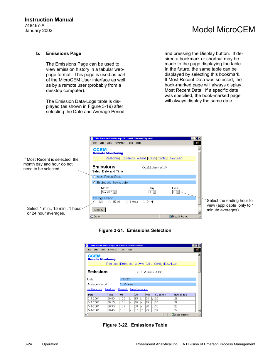 21 emissions selection, 22 emissions table, Model microcem | Emerson MicroCEM User Manual | Page 76 / 98