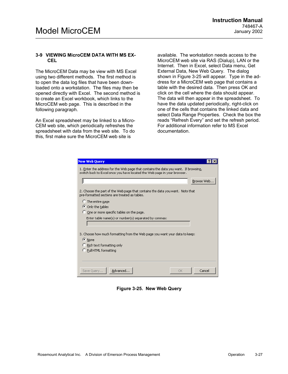 9 viewing microcem data with ms excel, 25 new web query, Viewing microcem data with ms excel -27 | Figure 3-25. new web query -27, Model microcem | Emerson MicroCEM User Manual | Page 79 / 98