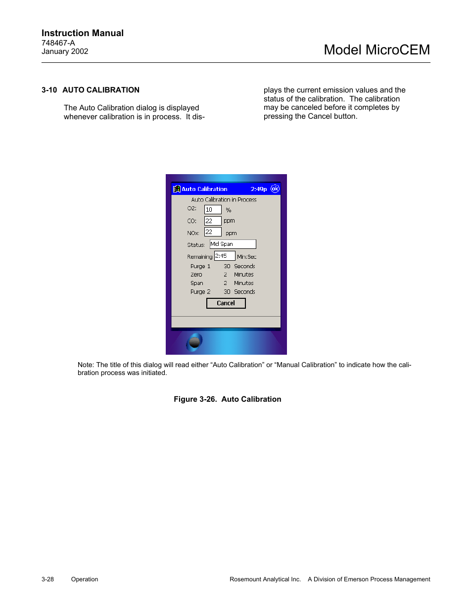 10 auto calibration, 26 auto calibration, Auto calibration -28 | Figure 3-26. auto calibration -28, Model microcem | Emerson MicroCEM User Manual | Page 80 / 98