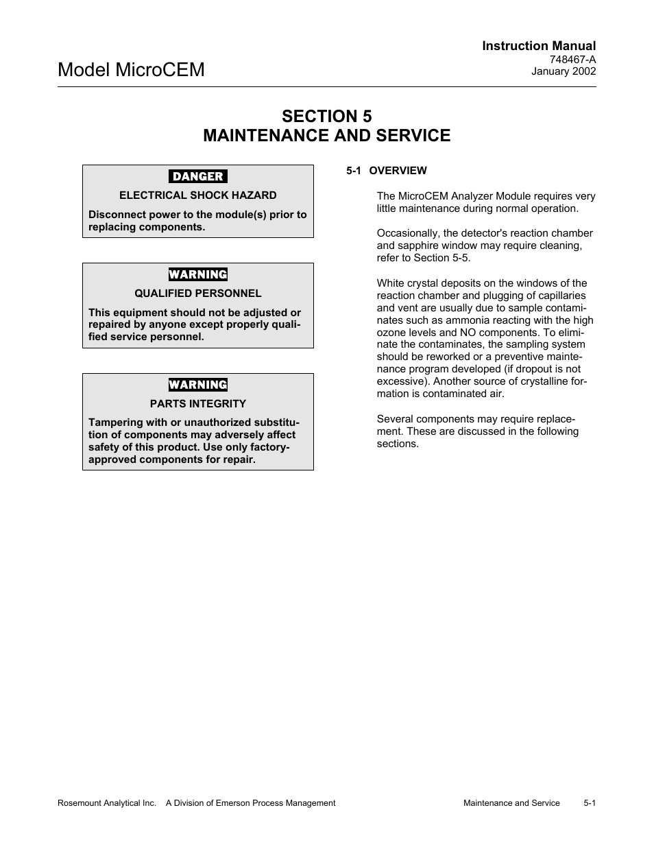 0 maintenance and service, 1 overview, Maintenance and service -1 | Overview -1, Model microcem | Emerson MicroCEM User Manual | Page 83 / 98