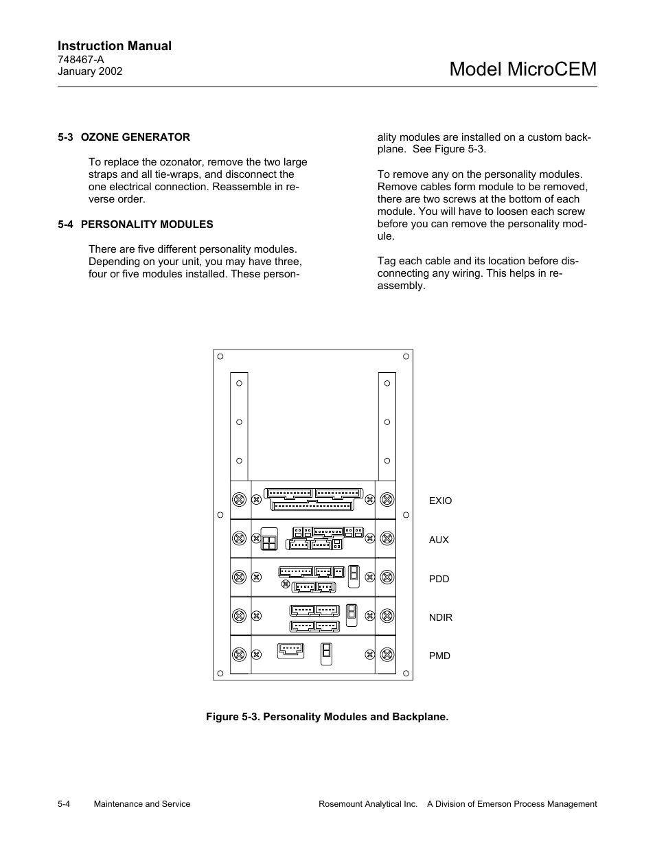 3 ozone generator, 4 personality modules, 3 personality modules and backplane | Ozone generator -4, Personality modules -4, Figure 5-3, Personality modules and backplane -4, Model microcem | Emerson MicroCEM User Manual | Page 86 / 98