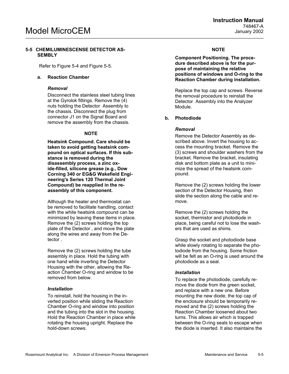 5 chemiluminescense detector assembly, A. reaction chamber, Removal | Installation, B. photodiode, Model microcem | Emerson MicroCEM User Manual | Page 87 / 98