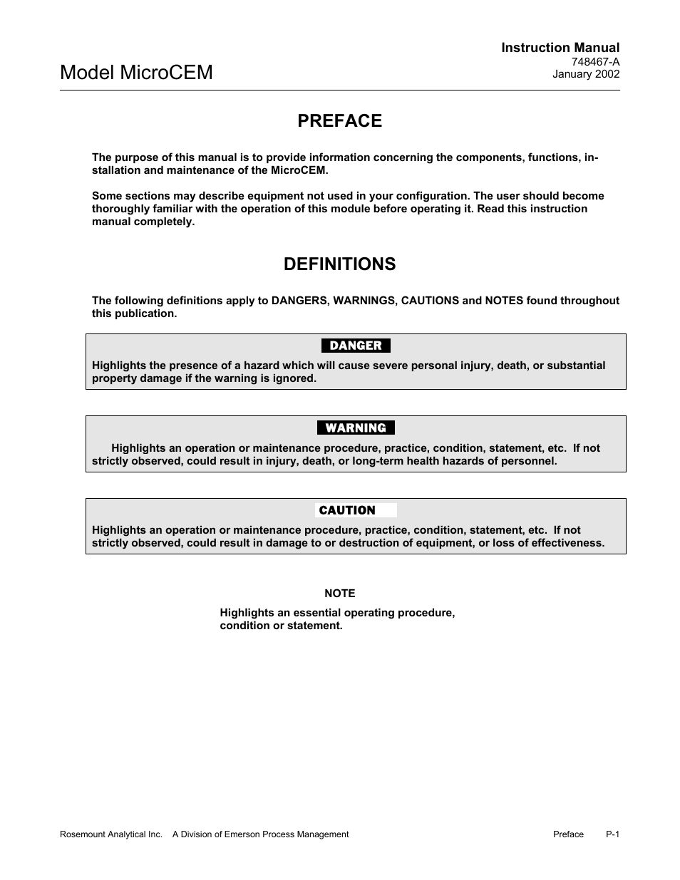 Preface, Definitions, Model microcem | Emerson MicroCEM User Manual | Page 9 / 98