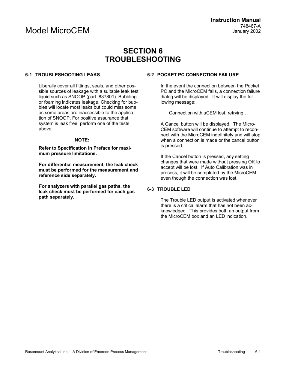 0 troubleshooting, 1 troubleshooting leaks, 2 pocket pc connection failure | 3 trouble led, Troubleshooting -1, Troubleshooting leaks -1, Pocket pc connection failure -1, Trouble led -1, Model microcem | Emerson MicroCEM User Manual | Page 91 / 98