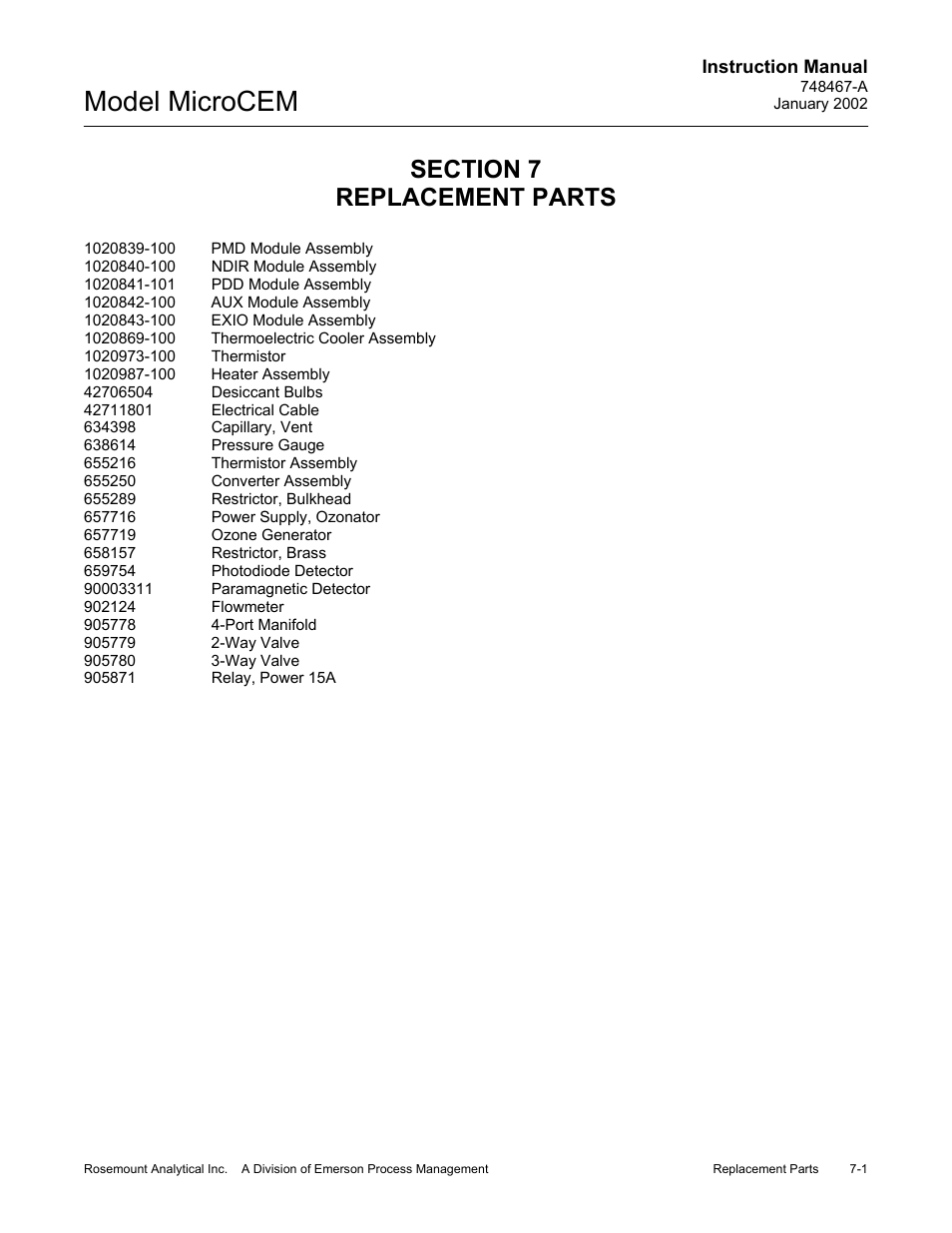 0 replacement parts, Replacement parts -1, Model microcem | Emerson MicroCEM User Manual | Page 93 / 98