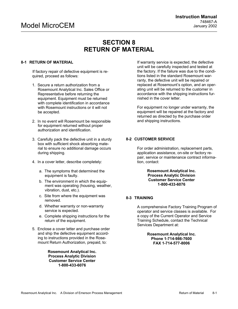 0 return of material, 1 return of material, 2 customer service | 3 training, Return of material -1, Customer service -1, Training -1, Model microcem | Emerson MicroCEM User Manual | Page 95 / 98