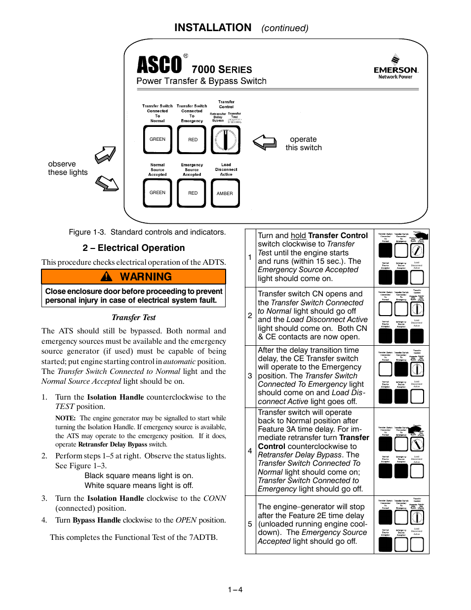 Installation, Continued), 2 – electrical operation | Transfer test | Emerson 7ADTB User Manual | Page 6 / 17
