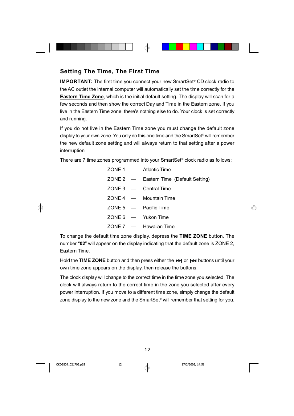 Setting the time, the first time | Emerson SMARTSET CKD5809C User Manual | Page 13 / 39