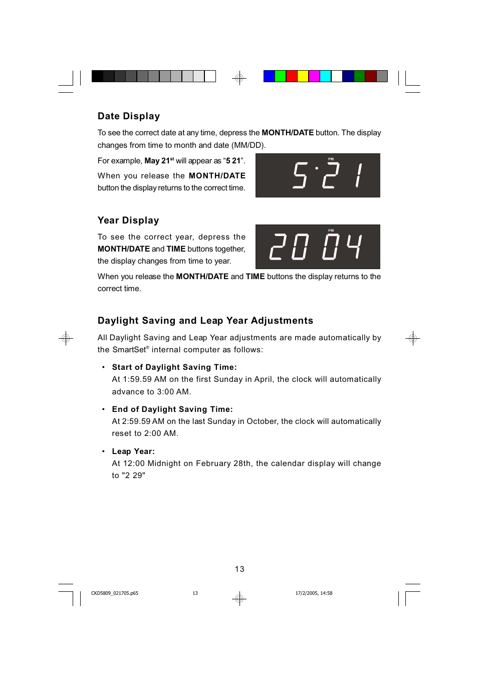 Date display, Year display, Daylight saving and leap year adjustments | Emerson SMARTSET CKD5809C User Manual | Page 14 / 39