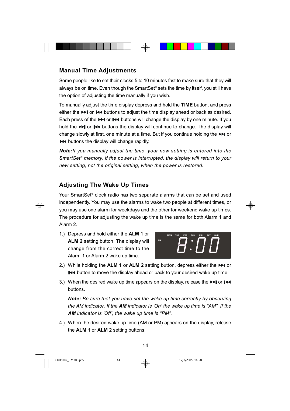Manual time adjustments, Adjusting the wake up times | Emerson SMARTSET CKD5809C User Manual | Page 15 / 39