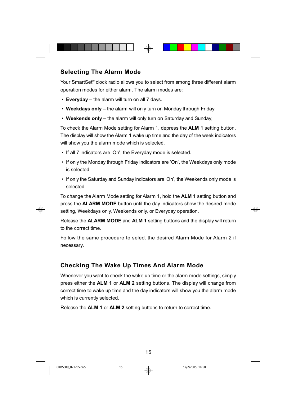 Selecting the alarm mode, Checking the wake up times and alarm mode | Emerson SMARTSET CKD5809C User Manual | Page 16 / 39