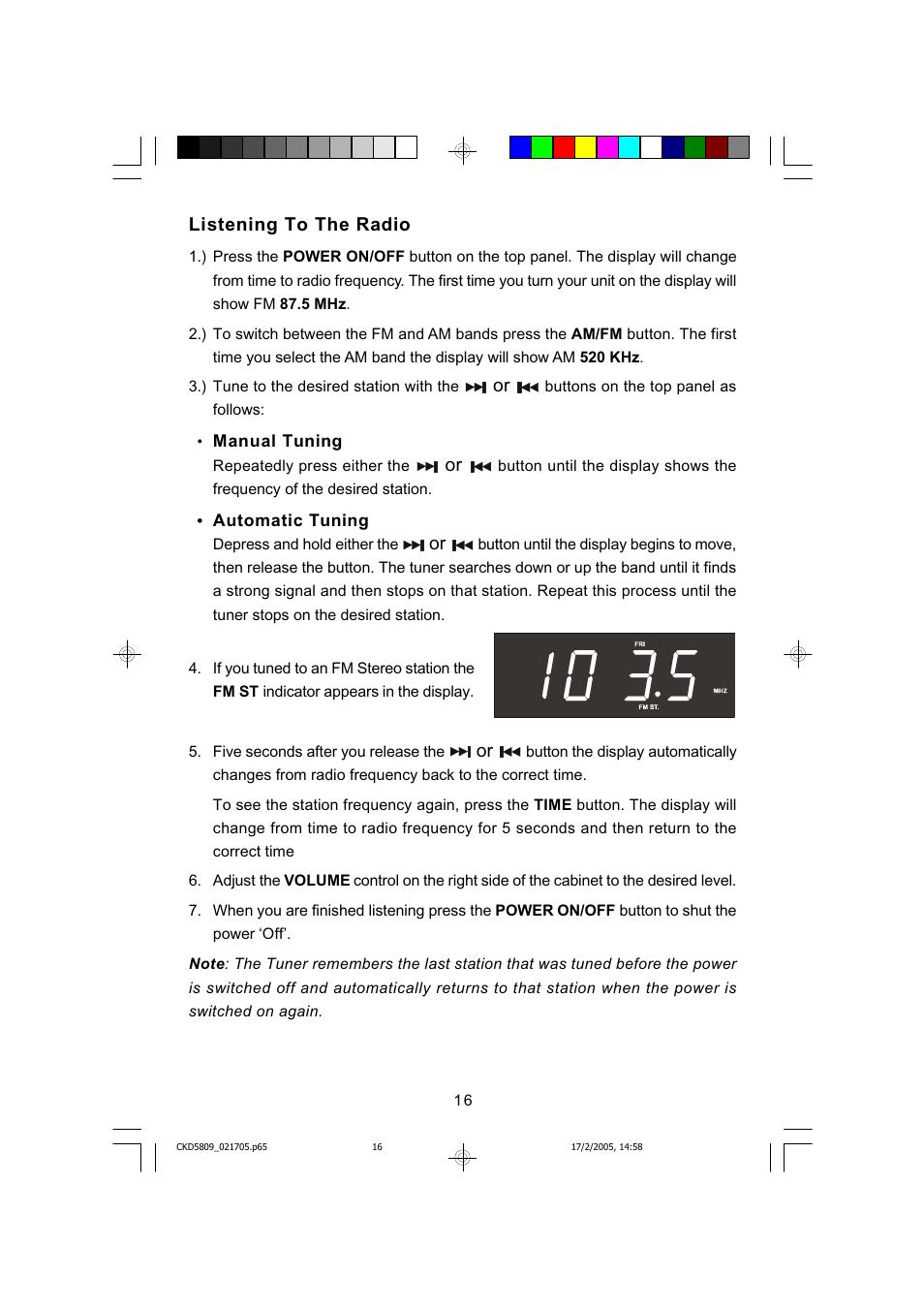 Listening to the radio | Emerson SMARTSET CKD5809C User Manual | Page 17 / 39