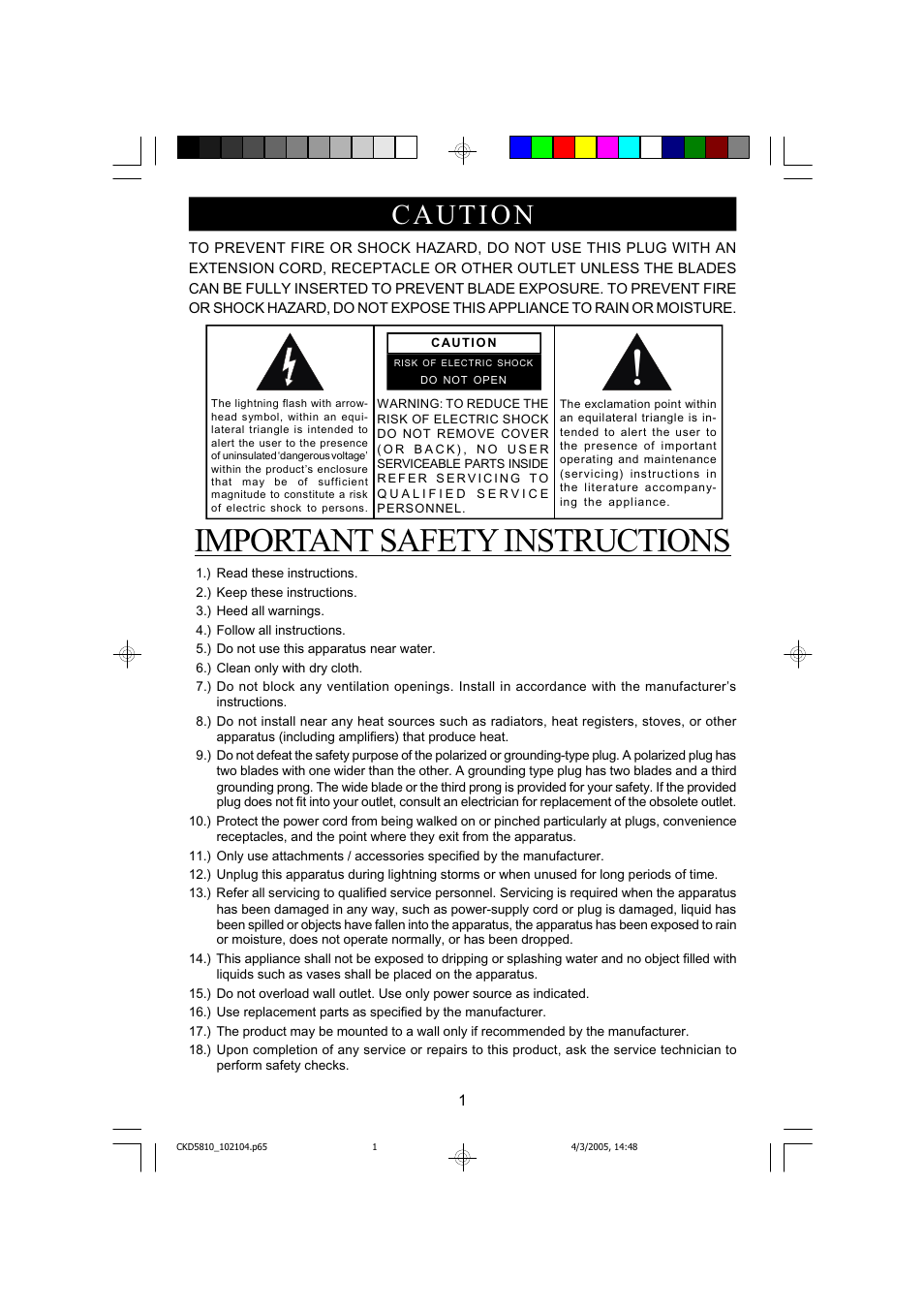 Important safety instructions, Caution | Emerson SMARTSET CKD5809C User Manual | Page 2 / 39