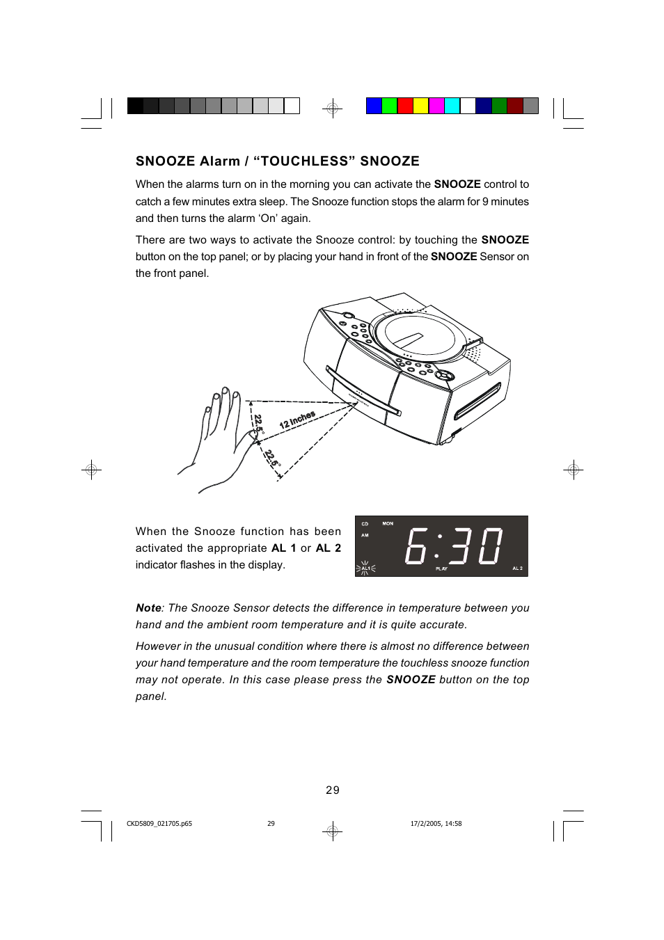 Snooze alarm / “touchless” snooze | Emerson SMARTSET CKD5809C User Manual | Page 30 / 39