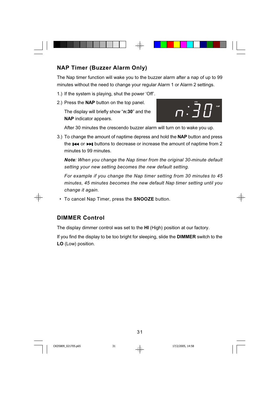 Nap timer (buzzer alarm only), Dimmer control | Emerson SMARTSET CKD5809C User Manual | Page 32 / 39