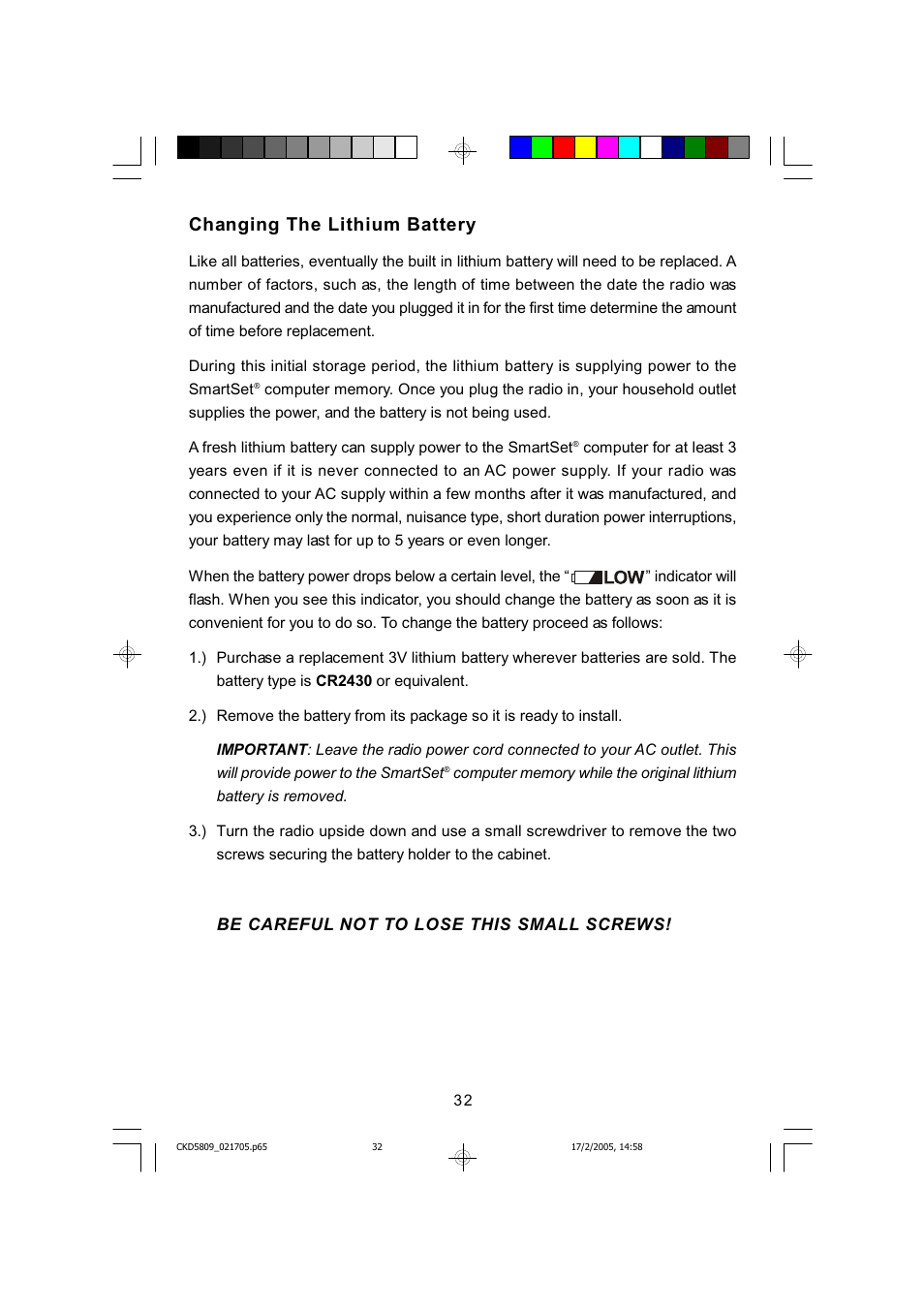 Changing the lithium battery | Emerson SMARTSET CKD5809C User Manual | Page 33 / 39