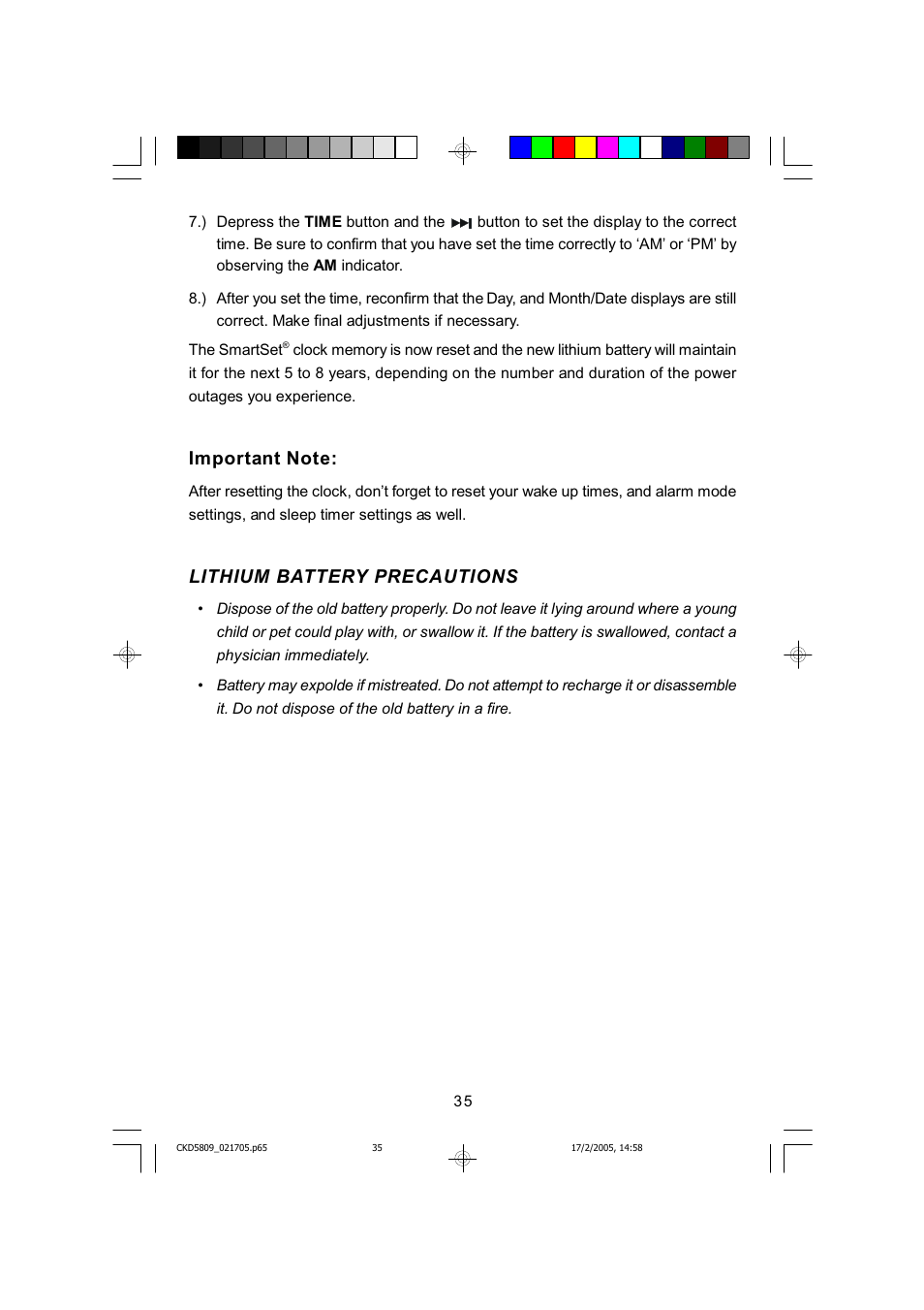 Lithium battery precautions | Emerson SMARTSET CKD5809C User Manual | Page 36 / 39