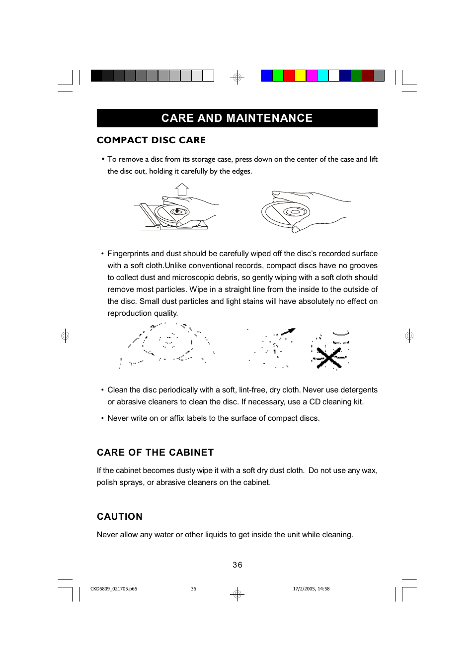 Care and maintenance, Compact disc care, Care of the cabinet | Caution | Emerson SMARTSET CKD5809C User Manual | Page 37 / 39