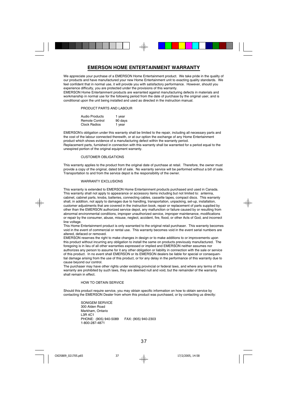 Emerson SMARTSET CKD5809C User Manual | Page 38 / 39