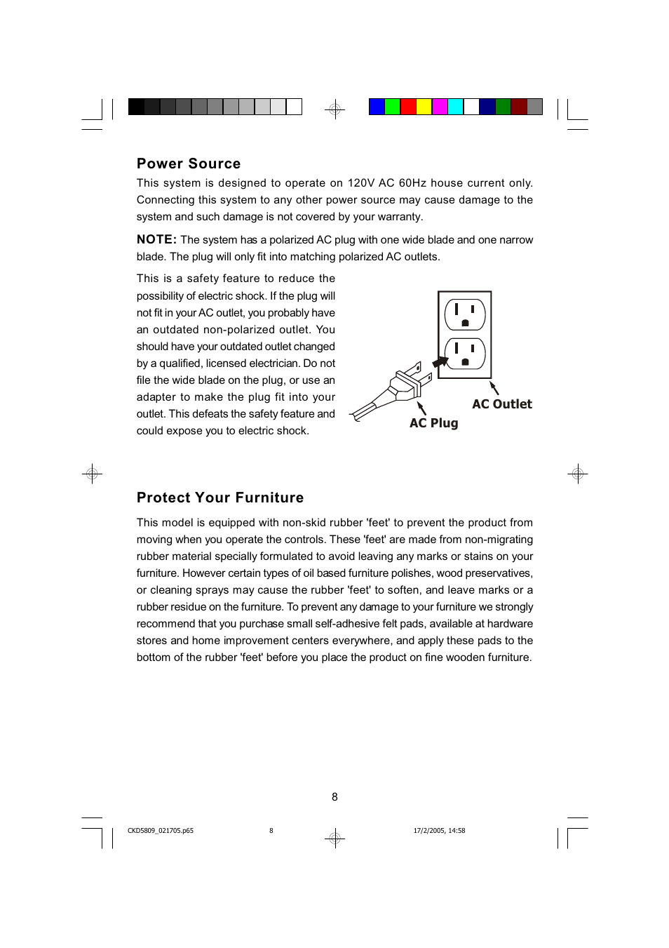 Power source, Protect your furniture | Emerson SMARTSET CKD5809C User Manual | Page 9 / 39