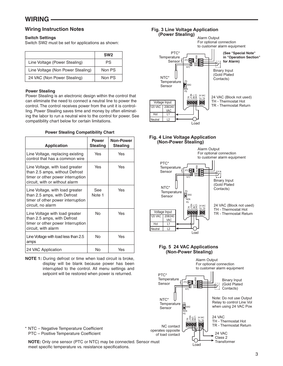 Wiring, Fig. 5 24 vac applications (non-power stealing), Fig. 3 line voltage application (power stealing) | Emerson 16E09-101 User Manual | Page 3 / 16