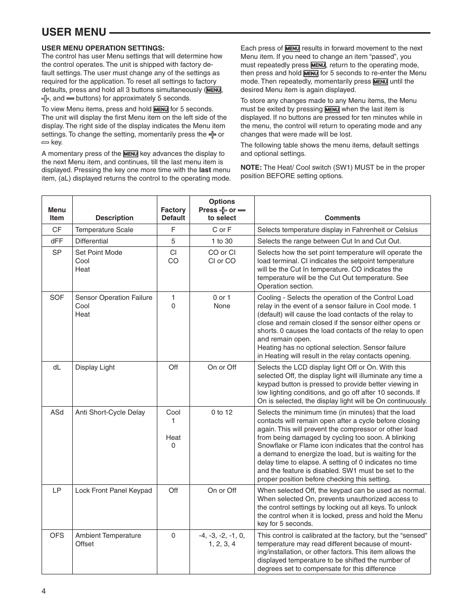 User menu | Emerson 16E09-101 User Manual | Page 4 / 16