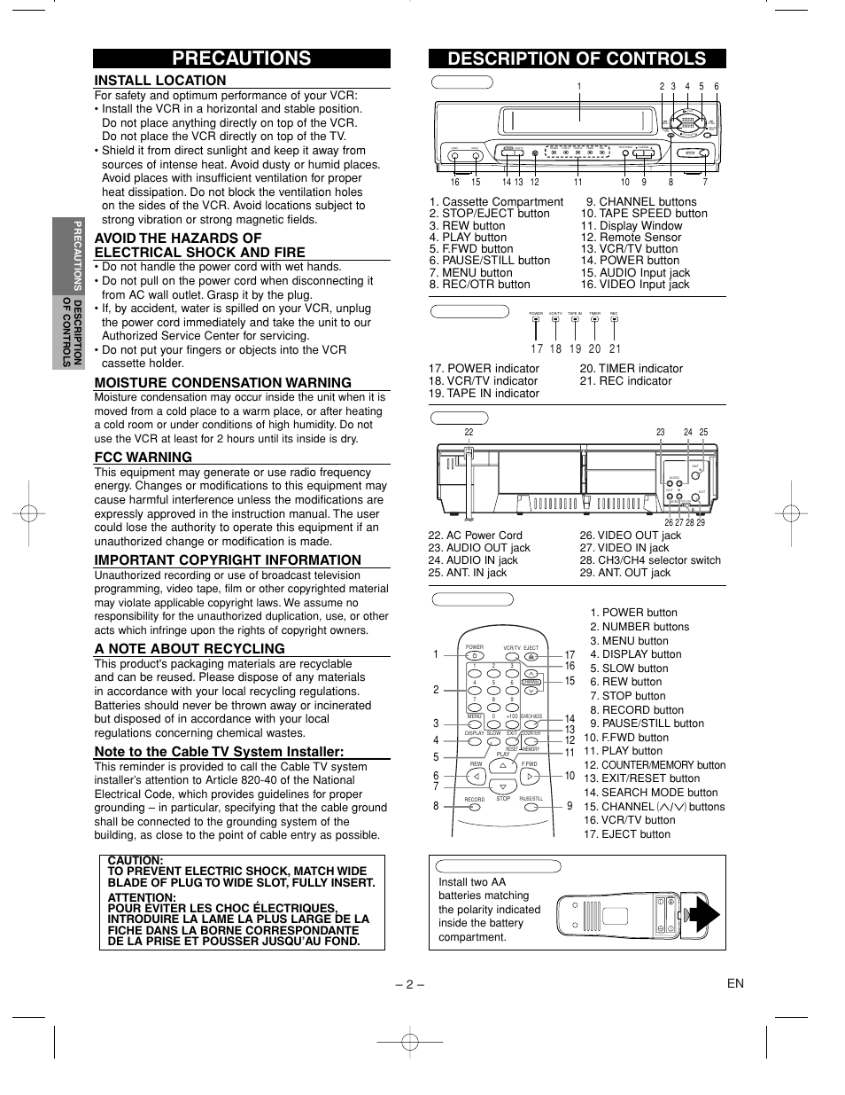 Precautions, Description of controls, Install location | Avoid the hazards of electrical shock and fire, Moisture condensation warning, Fcc warning, Important copyright information, 2 – en | Emerson EWV401B User Manual | Page 2 / 8