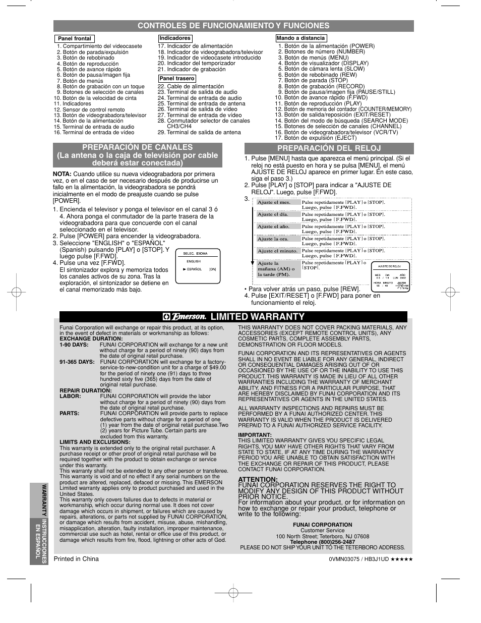 Limited warranty, Controles de funcionamiento y funciones | Emerson EWV401B User Manual | Page 8 / 8