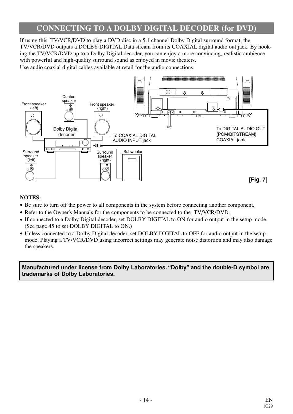 Connecting to a dolby digital decoder (for dvd) | Emerson EWC27T4 User Manual | Page 14 / 56