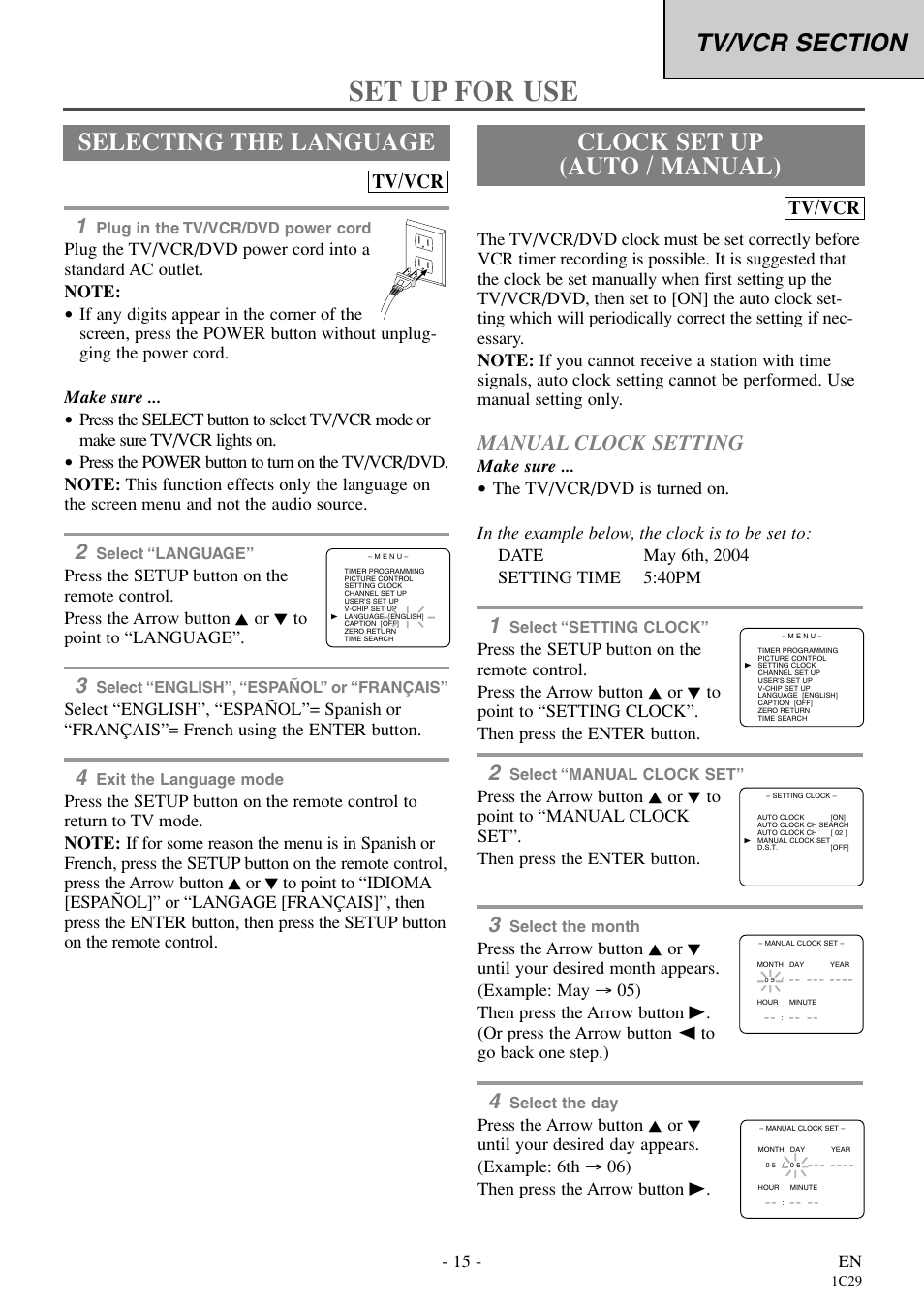 Set up for use, Selecting the language, Clock set up (auto / manual) | Manual clock setting, Tv/vcr | Emerson EWC27T4 User Manual | Page 15 / 56