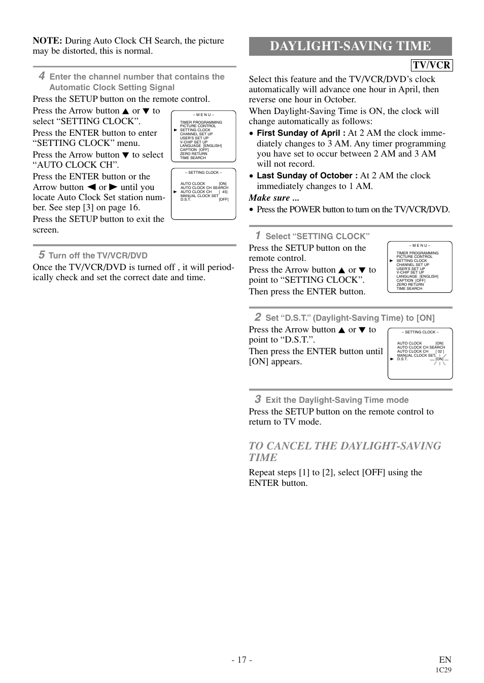 Daylight-saving time, Tv/vcr, 17 - en | Press the power button to turn on the tv/vcr/dvd | Emerson EWC27T4 User Manual | Page 17 / 56